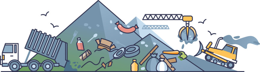 Illustration of a landfill with garbage truck, waste, and machinery symbolizing pollution.