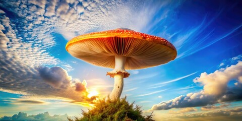 Aerial perspective showcasing a floating Eryngii mushroom, beautifully highlighting its full form, celebrating culinary possibilities and natureâ€™s exquisite artistry in one stunning frame.