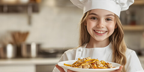 Adorable little girl in chef's cap and tunic smiles while holding a plate of food in a bright kitchen, space for text. Career choice. Concept children cooking.