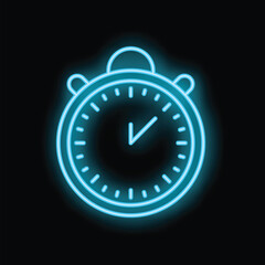 Blue neon stopwatch icon glowing against a dark background, representing the concept of time