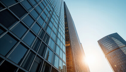 Fototapeta premium A modern glass and steel skyscraper with the sun shining through the windows, creating a warm glow on the building's facade