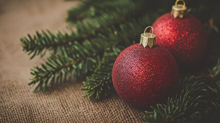 Two vibrant red Christmas balls hang gracefully on a lush green branch, embodying the festive spirit and warmth of the holiday season.