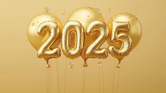 2025 New Year's Eve Celebrations: 3D Rendered Balloons with Fireworks and Gold Glitter on Luxurious Solid Background, Gold Font, Festive Party Decor