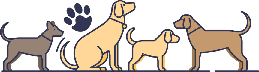Illustration of four dogs and a paw print, symbolizing companionship. © VectorMine