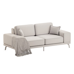 A white couch with a blanket draped over it