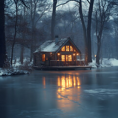 Obraz premium House in the forest on the river