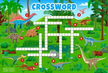 Crossword quiz game grid with prehistoric dinosaur characters. Word puzzle vector worksheet with dino animals crossword quiz. Cartoon allosaurus, pteranodon, triceratops and iguanodon dinosaurs game © Vector Tradition