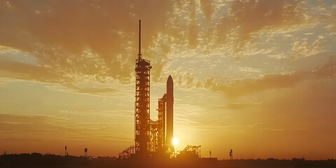 Space rocket on launch pad, panoramic shot of sky and setting sun in background, space for text. Concept of a flight into space.