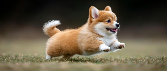 Obraz premium A playful corgi puppy leaps joyfully across a grassy field, celebrating National Puppy Day with energy and enthusiasm in a vibrant outdoor setting