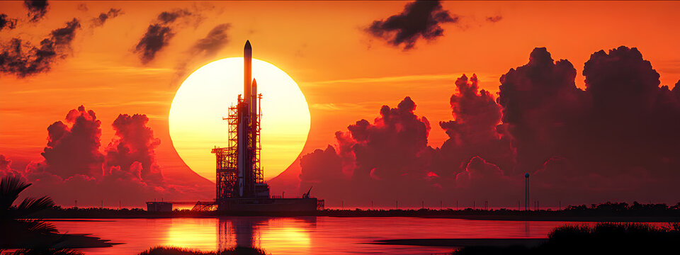 Space rocket on launch pad, panoramic shot of sky and setting sun in background, space for text. Concept of a flight into space.