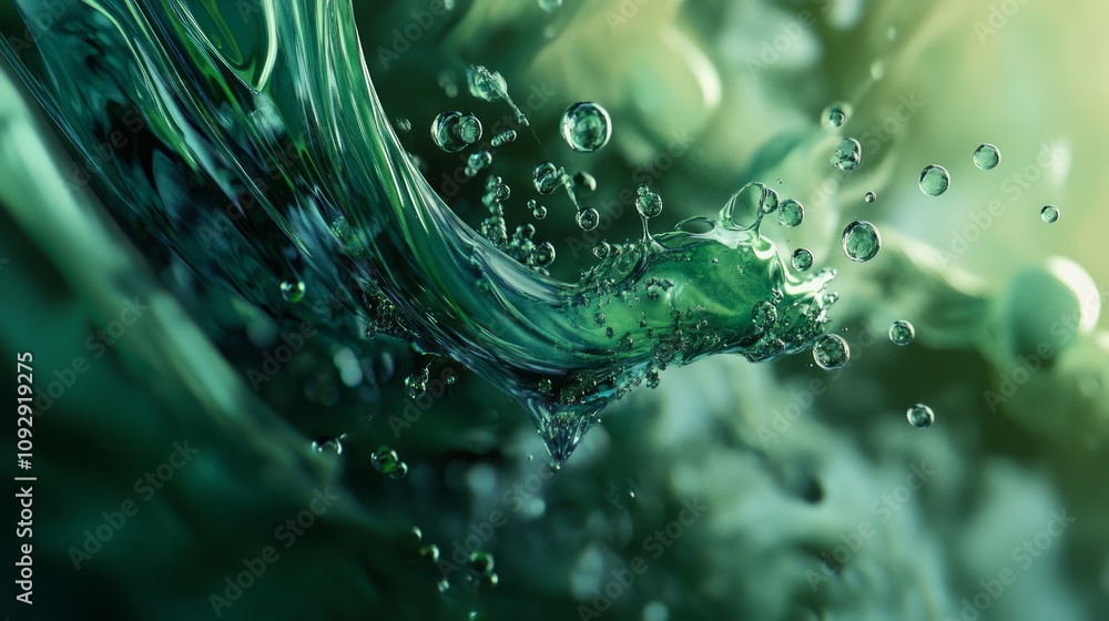 Aufkleber abstract depiction of fluid dynamics with splashes and bubbles in a greenish hue.