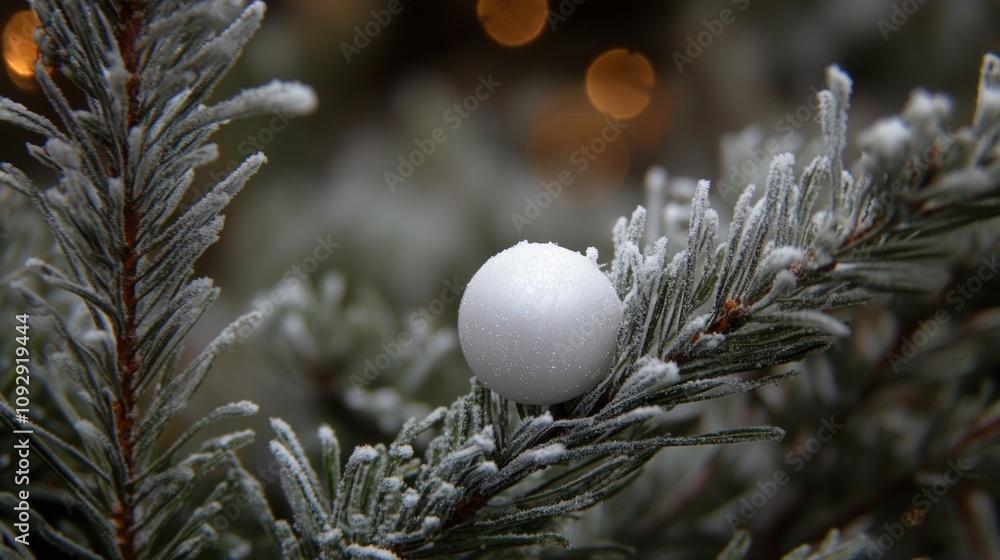 Poster a close-up of a frosted pine branch with a single snowball resting on it.