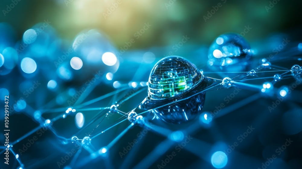 Poster abstract representation of interconnected spheres and networks, symbolizing technology and innovatio