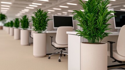Modern office interior with plants and workstations.