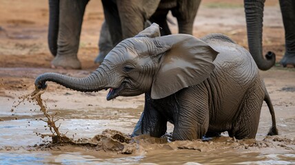 Fototapeta premium Baby Elephant Joyfully Splashing in Muddy Waterhole with Family Nearby