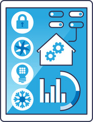 Smart home interface with icons for security, climate, and energy management.