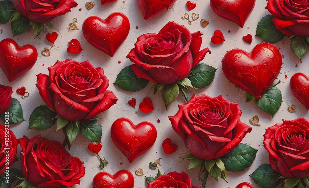 Poster red rose with a heart on it. there are many roses and hearts in the image