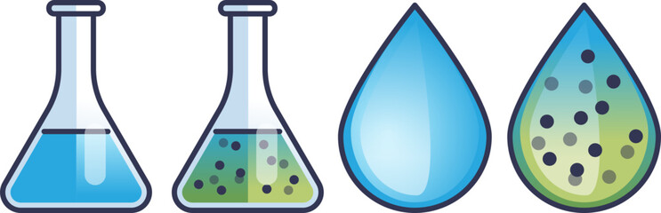 Illustration of flasks and water droplets representing water testing and analysis. © VectorMine