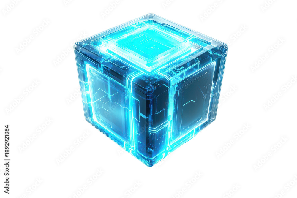 Poster a glowing blue cube with a futuristic design, featuring intricate patterns and a luminous appearance
