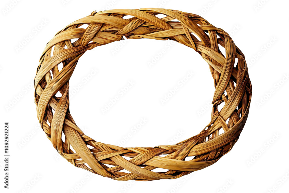 Poster a woven circular object crafted from natural materials, showcasing intricate patterns and a warm, ea