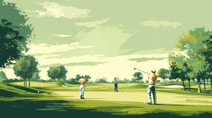 Obraz premium Two golfers on a sunlit course swing their clubs against a backdrop of lush greenery and a vibrant sky during a tranquil afternoon