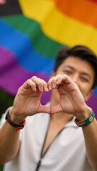Fototapeta premium Making a heart sign using a Gay Pride Month themed rainbow flag wristband