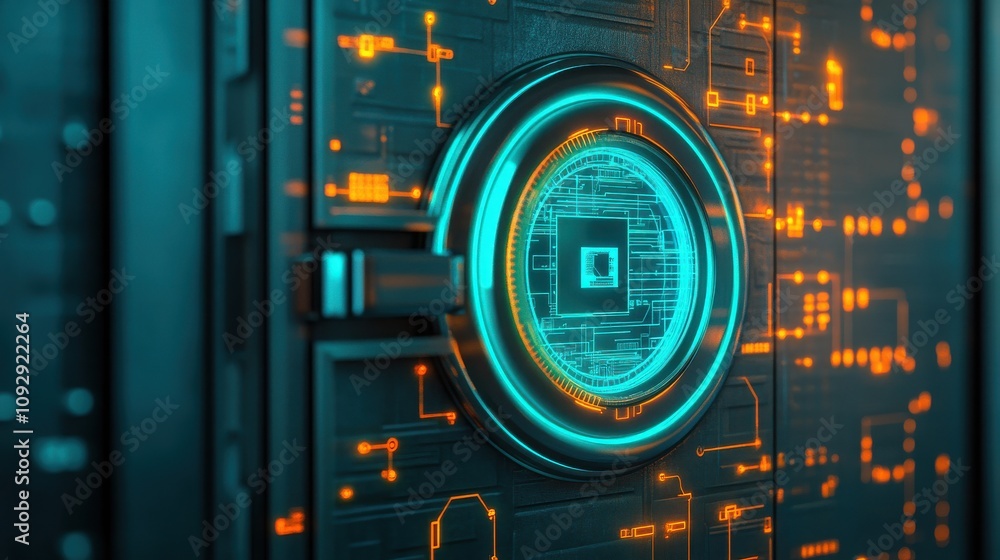 Poster futuristic digital interface featuring glowing blue and orange circuitry with intricate patterns and