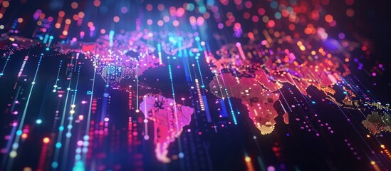 Obraz premium A digital map of the global stock market with red and blue glowing lines representing journeys.