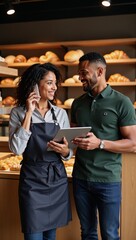 Fototapeta premium African-American couple conversing in a bakery one person holds a phone and tablet surrounded by fresh pastries