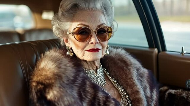 Elderly woman in vintage sunglasses and fur coat sitting confidently in a classic car on a sunny day