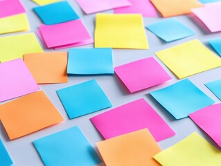 Vibrant collection of colorful sticky notes on a desk, perfect for brainstorming and organization in a business environment.