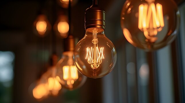 Coffee shop interior with designer lamps turned on. Stylish light bulbs hang from the ceiling in a restaurant.