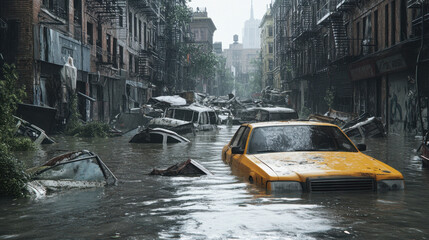 Running Away from Natural Disasters. A flooded urban street features abandoned cars submerged in water, highlighting environmental impact and urban decay.