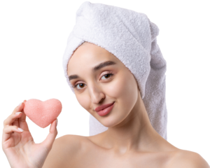 Beautiful girl with thick eyebrows and perfect skin at white background, towel on head, beauty photo. Holding a cosmetic pink heart sponge.