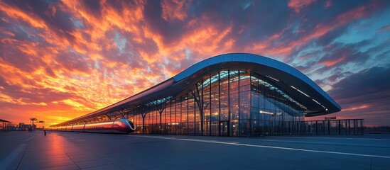 Obraz premium Modern High-Speed Train Station at Sunset with Vibrant Sky and Reflections in Glass Architecture