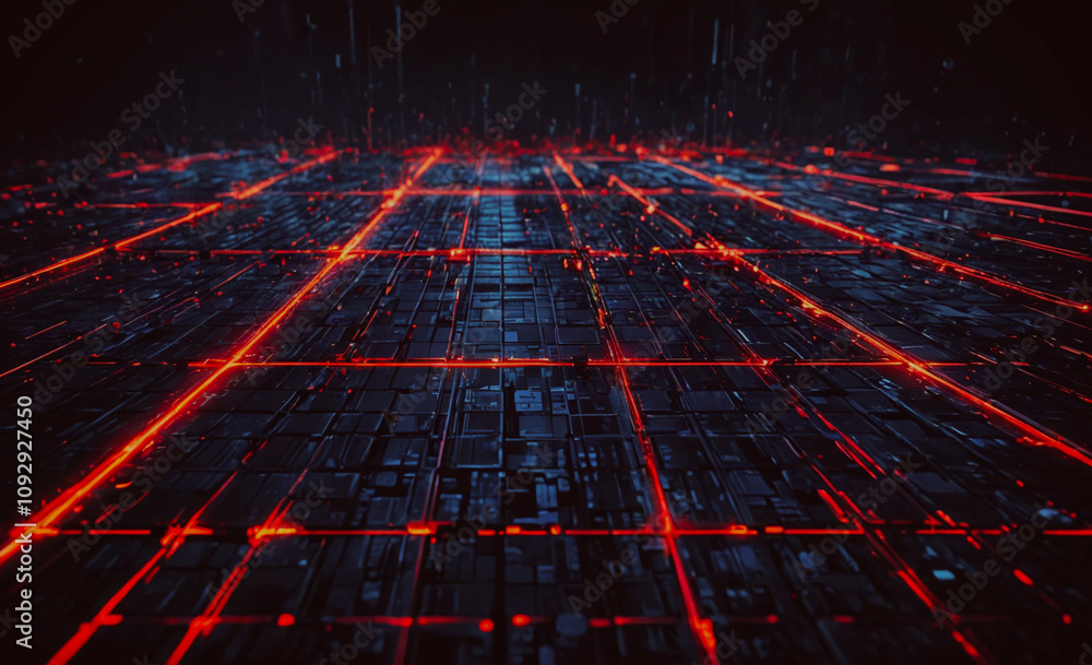 Poster computer generated image of a city with red lights. the lights are scattered throughout the image, w
