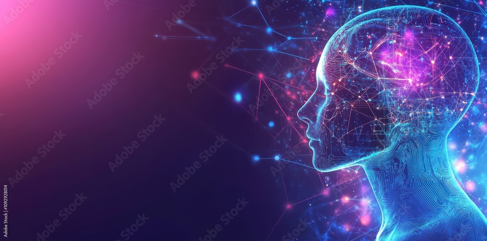 Poster digital rendering of artificial intelligence concept, featuring glowing human head silhouette with i