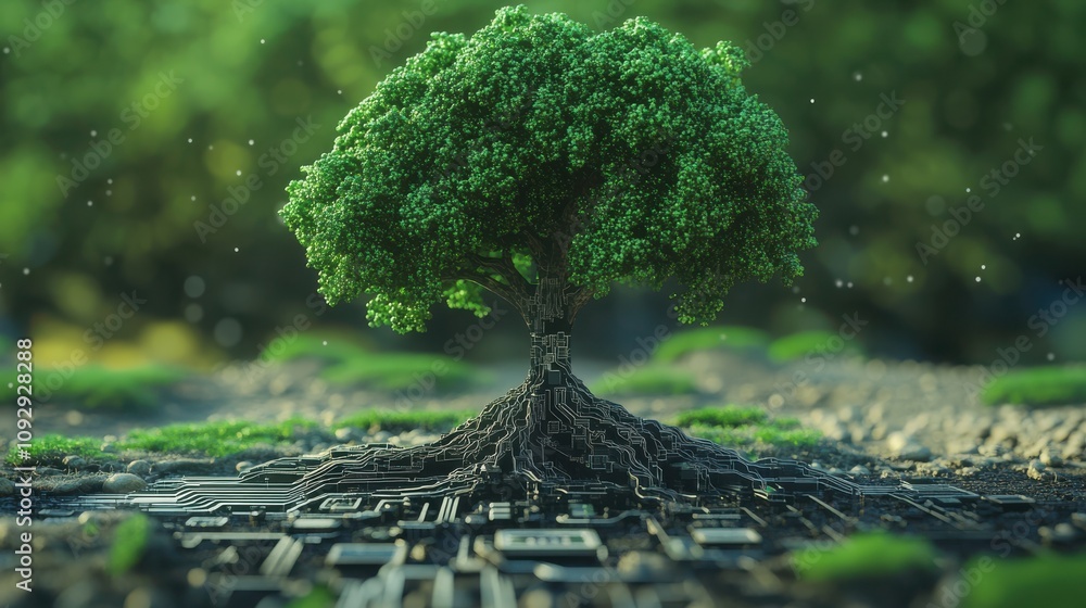 Poster 3d rendering of green tree with roots resembling circuit boards, symbolizing fusion of nature and te