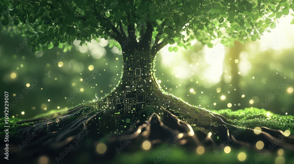 Poster 3d rendering of tree with roots made from circuit board, symbolizing fusion of nature and technology
