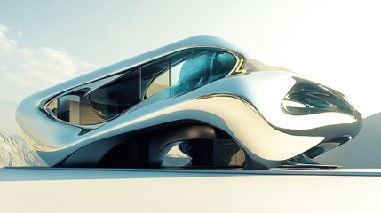 Futuristic Architectural Design: A Sleek, Chrome House in a Mountainous Landscape