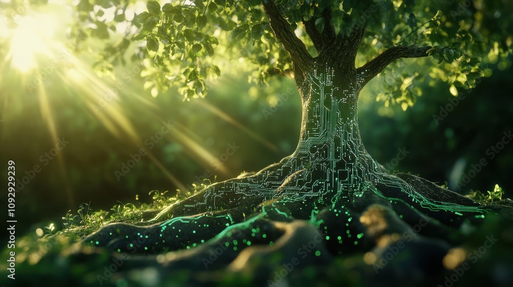 Poster 3d rendering of tree with roots and circuit board patterns, glowing in sunlight, symbolizes fusion o