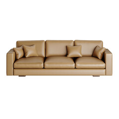 A tan leather couch with pillows on it