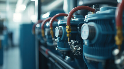 Obraz premium High tech HVAC unit with blue compressors and red hoses in modern facility. intricate design showcases advanced technology and efficient cooling systems