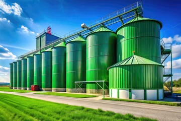 Obraz premium Against a backdrop of clear blue skies, modern green silos represent innovative agricultural storage, combining contemporary design with eco-friendly technology for sustainable farming solutions.