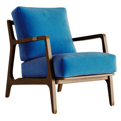 A blue chair with a wooden frame