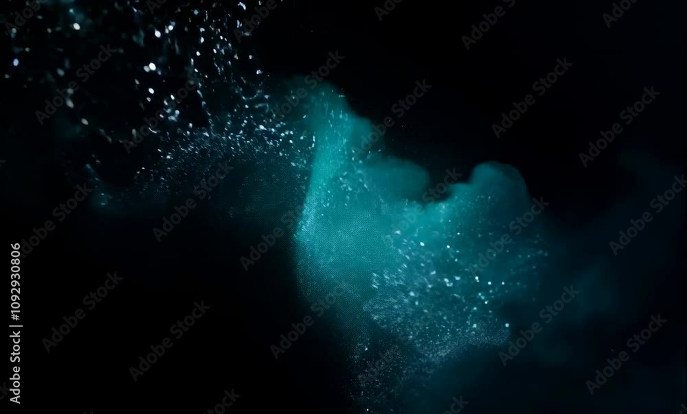 Poster ethereal swirling blue particles in darkness mesmerizing display of shimmering light, creating abstr