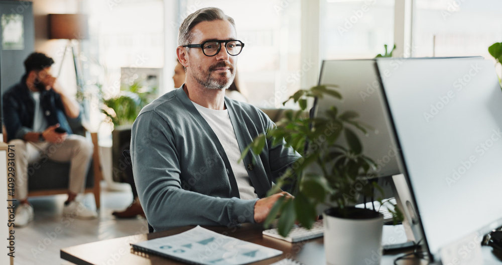 Poster Business, computer and programming with man in creative workplace for web design or development. Cybersecurity, system infrastructure and typing with mature employee in office as website developer