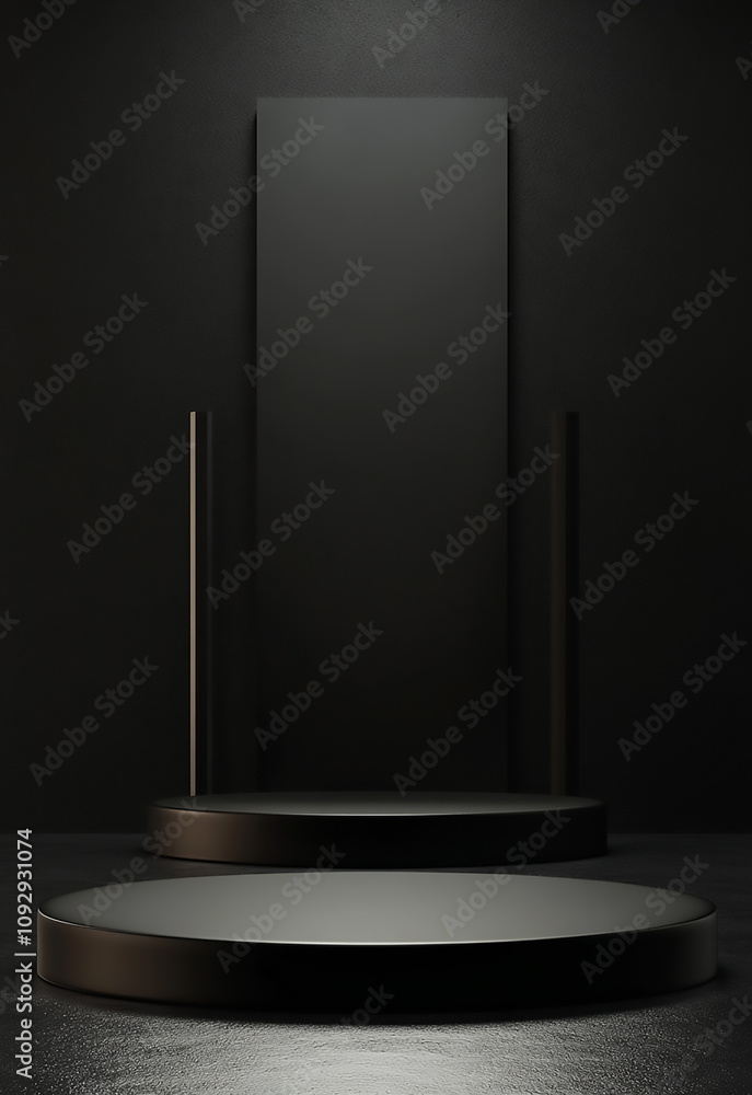 Poster lights background for product placement pedestal of platform display with black stand podium on dark