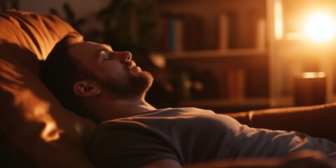 A man lies back on a sofa with a content smile, basking in warm light, illustrating a moment of relaxation and peace, representing comfort and stress relief in daily life.