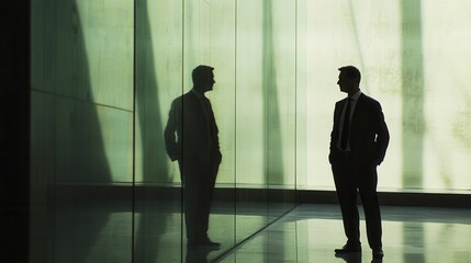 Fototapeta premium Businessmen reflected in modern glass interior.